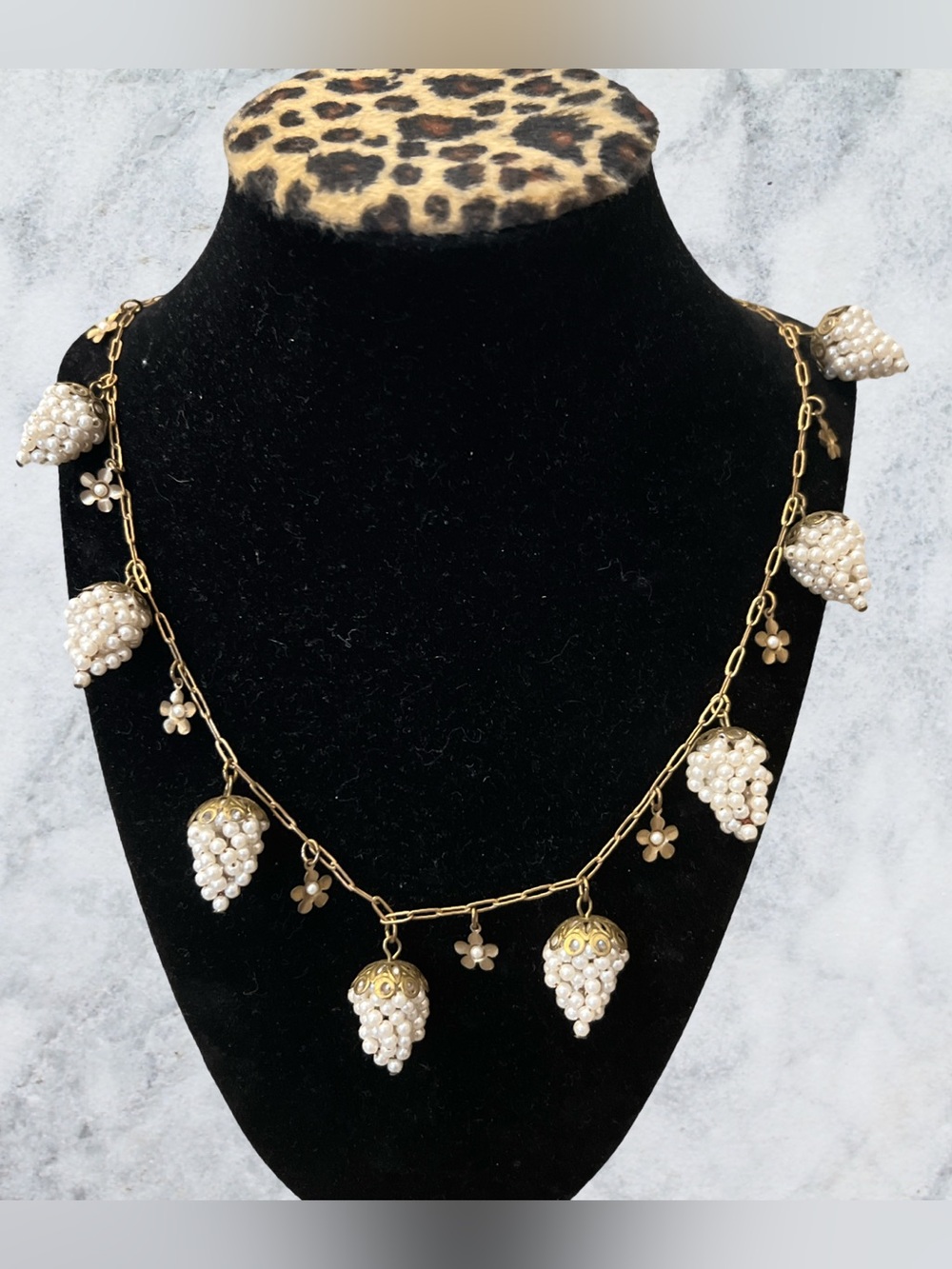 Vintage Signed Janny Faux Pearls  Floral Brass Grape Cluster Long Necklace